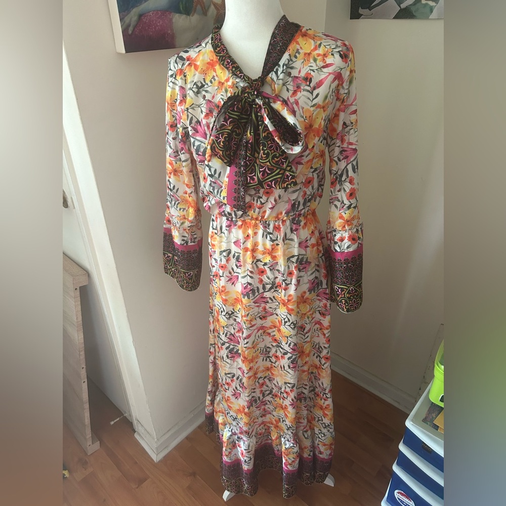 Long Sleeve Full Length Floral Dress with Bow